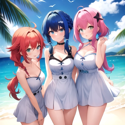 3 girls on an island, young, cute, colorful hair, various hairstyles