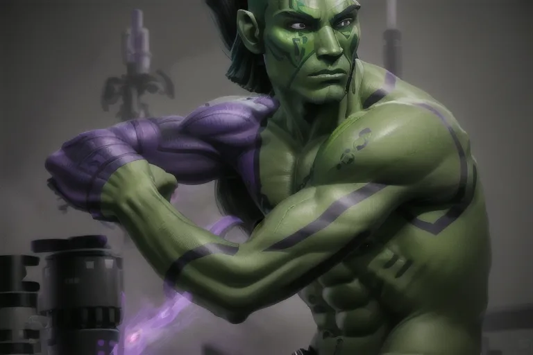 Mirialan, Muscular male, (((green skin))), black tribal tattoos, long black hair, purple eyes, cheerful, gray shirt, gray pants, futuristic clothing, alien, sfw, headshot, masterpiece, absurdres, ((((solo focus)))), 8k, perfect edges, ultra realistic, perfect anatomy, low light, perfect face, fine details, realistic shaded, realistic body, photoshoot, male