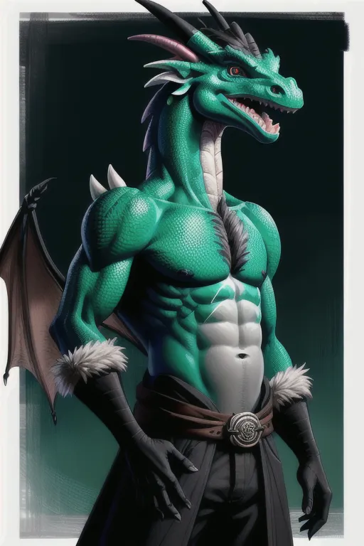 A male anthropomorphic dragon, medium snout, two bright green cocks, mostly slight bright green with vertical black stripe down the middle of body