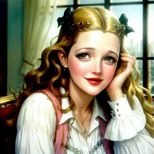 (Princess Drew Barrymore),
(sleepy),
(disheveled),
(happy),
(glassy-eyed)