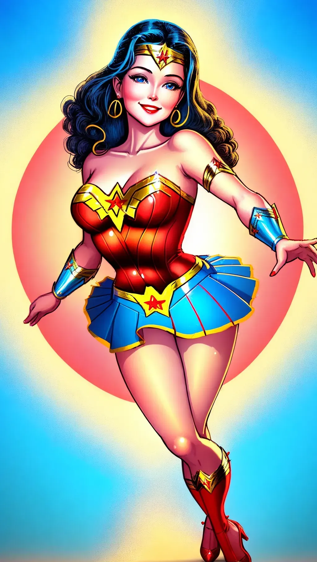 Wonder Woman illustrated as young Lynda Carter, she is smiling brightly, soft chin, detailed wonder woman red and gold costume with realistic fabrics, blue skirt, red high heels, intricate fingers, sparkling blue eyes. She is on a tropical fantasy island, detailed thighs, realistic feet, slender elegant legs
