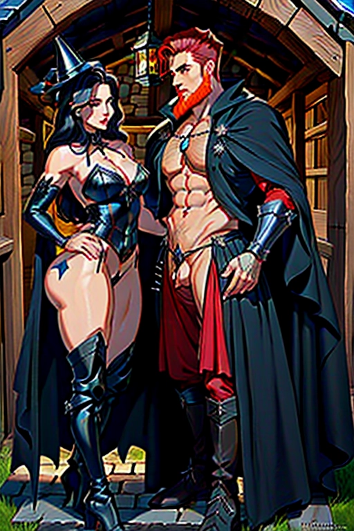 We see a (((couple))), a man and a woman, a medieval witch comforting a dashing knight, (the witch has beautiful black hair), she has soft thin eyebrows, she has green cat-like eyes, concave nose, soft cheeks, full lips, narrow chin, she has a thin figure, with cute breasts, thin waist, curvy hips, bubble butt, full thighs, cute feet, she is wearing a pointed witches hat, black witch robes, she is disrobing, she is exposing her genitals to the knight, (the knight is a dashing red head), he has defined eyebrows, he has blue eyes, concave nose, strong cheeks, strong chin, red beard, he has a mucular frame, biceps, triceps, abs, glutes, he is wearing a knights apparel, he still has pants and boots on, the with and the night are in a cottage, they are fixing to have sex, ((high definition)), ((4k quality)), (excellent lighting), (great shading), pristine detail, (very clear picture), ((beautiful vibrant colors)), (accurate at lower prompt guidence), ultra realistic, (((five fingers per hand))).