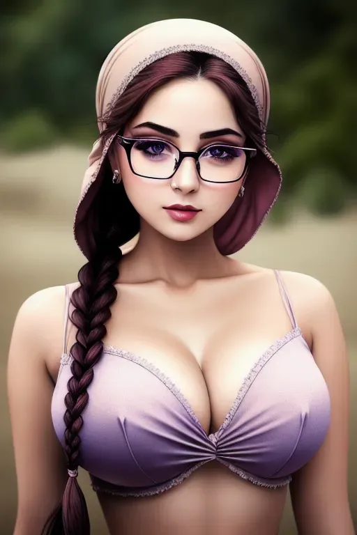 a color pencil draw of,sexy,half naked,standing,outdoor,small breasts,five fingers per hand,braids hair,beautiful face,beautiful lips,detailed large eyes,curved eyebrows,curved eyelid,pale skin,romantic,sharp focus,highly detailed,artstation,bokeh,surreal, hijabi, glasses