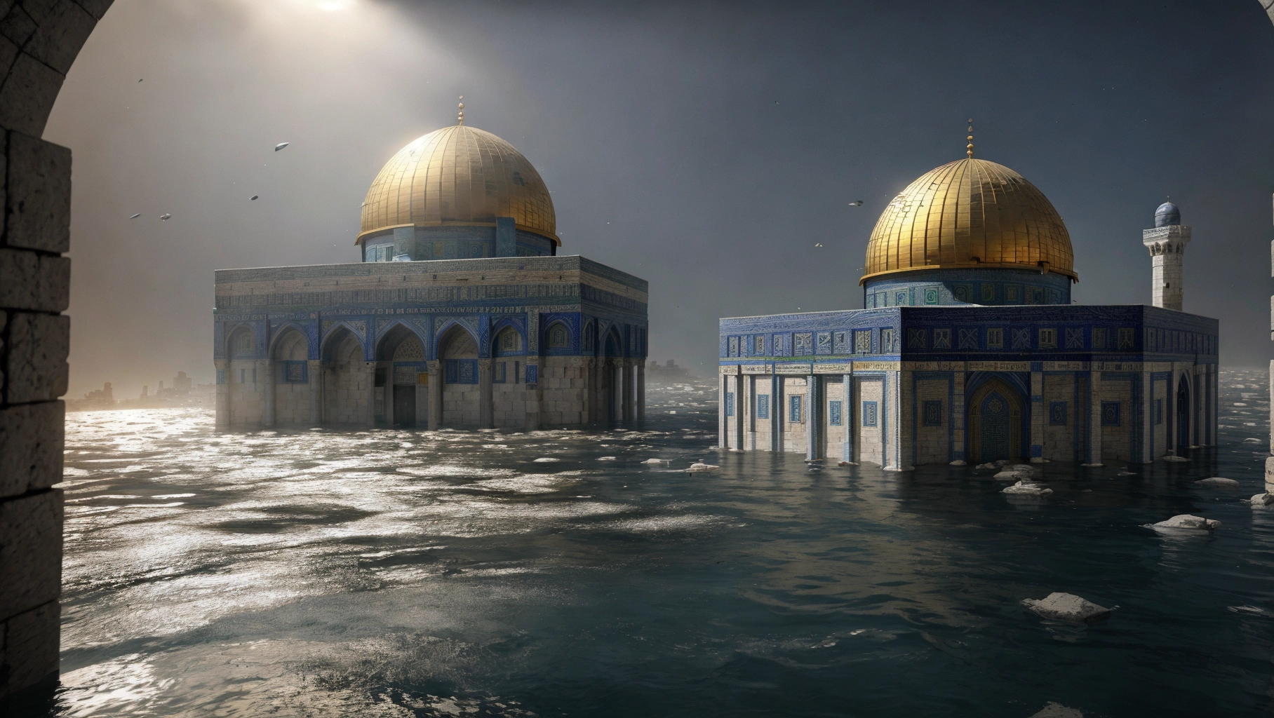 Photo of Jerusalem Dome of Rock area being submerged under two meters of flash flood from the sea, chaos and debris everywhere, drowned bodies floating above water, collapsing buildings, very realistic, very detailed, real life photography, 4k uhd, unreal engine, historical