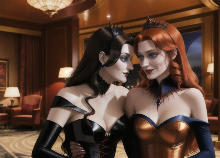midnight in the luxury penthouse suite at Hotel Transylvania, Beautiful long auburn haired with large deep blue eyes Queen Anna of Arendelle in elegant black gothic style posing hypnotized, in the hungry embrace of her new vampiric very pale short black haired friend Mavis with a blood thirsty smile from Hotel Transylvania convincing Anna to join her as a vampire. photorealistic. photorealistic.