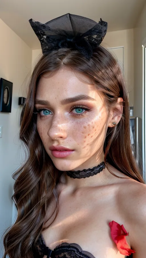 photorealistic, 8k, accurate face, (((detailed face))), (((replicate inspiration face))), freckles, green eyes,light brown hair
, female face, cute, 19 years old gorgeous,luxuriously long hair, lipstick,black eyeliner,black eyeshadow,bangs,lingerie, lace bow,sad,crying,upset,betrayed,heartbroken