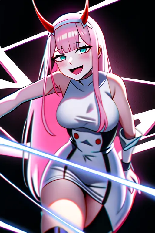 zero two (darling in the franxx), darling in the franxx, 1girl, aqua eyes, bangs, blunt bangs, breasts, open mouth, cowboy shot, hairband, horns, leaning forward, long hair, looking at viewer, medium breasts, oni horns, pink hair, red horns, smile, solo, standing, straight-on, white background, white hairband, latex, leather, strapon, futa, <lora:dpmg_zerotwo:1>