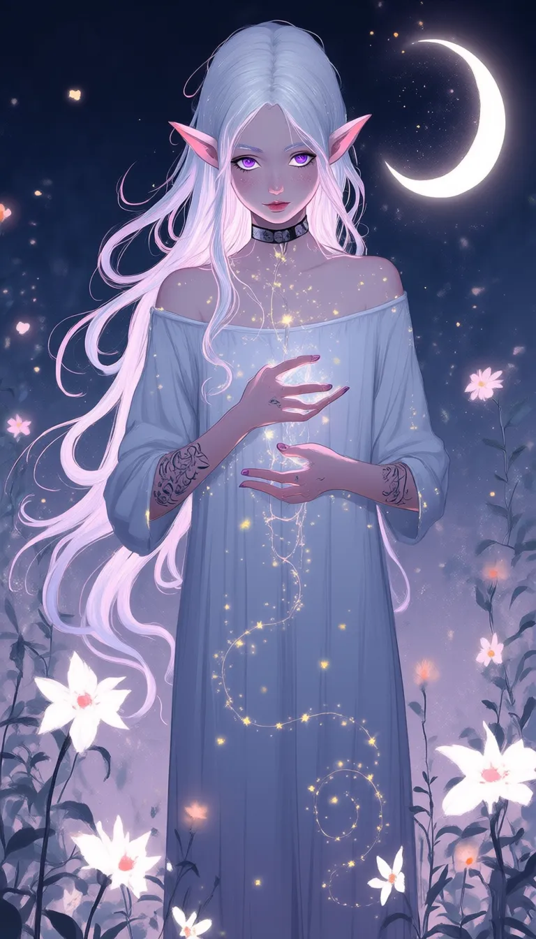 VectorPaintDaal,
An elven woman with flowing silver hair, deep violet eyes, and faintly glowing tattoos curling around her hands. She is wearing a loose tunic adorned with tiny embroidered stars, standing in a whimsical garden where the flowers gently sway as though alive, and a glowing moonlight highlights the scene in soft pastel tones.