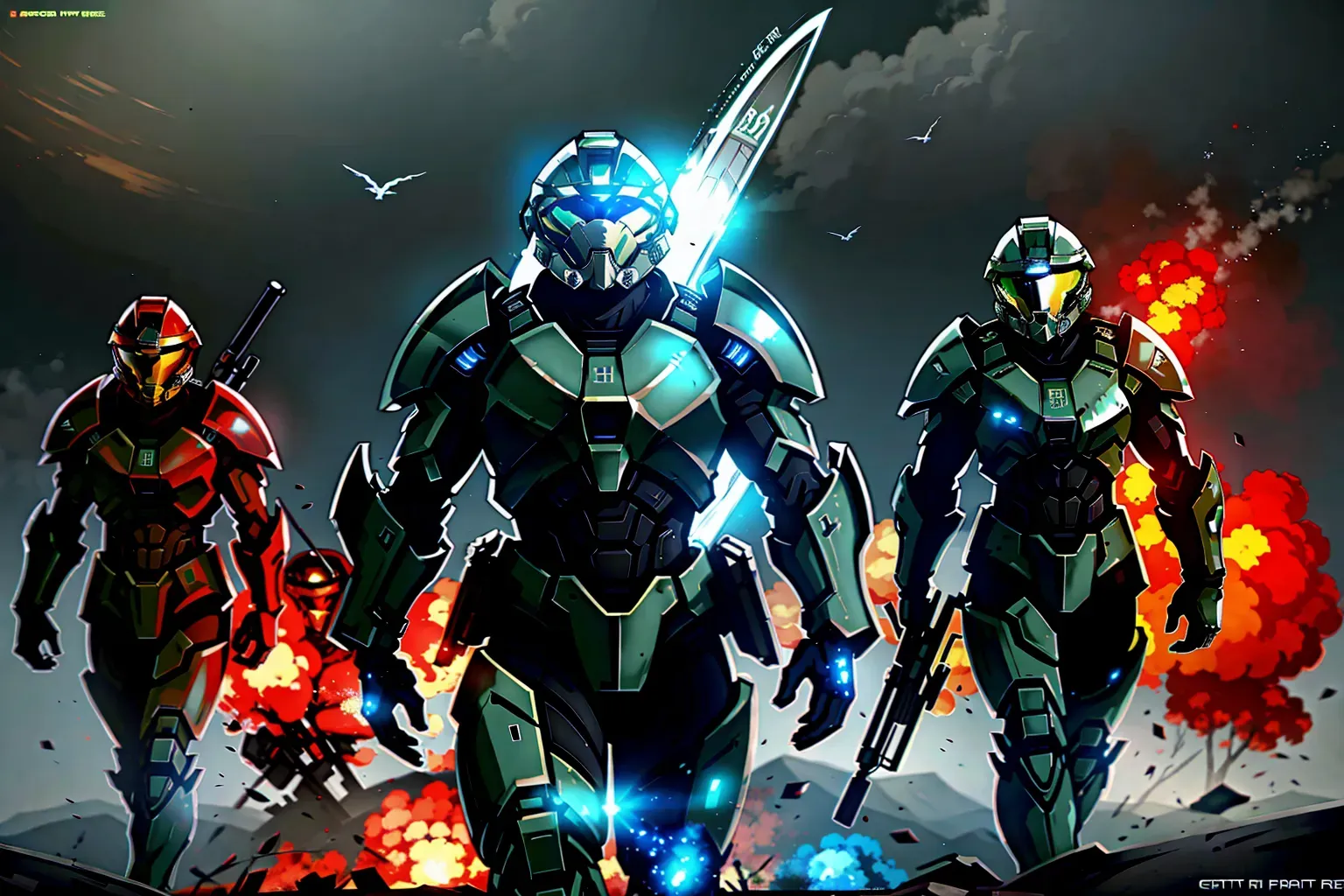 Three halo spartans, spartan helmet on, anime, 8k wallpaper, best quality, ultra hd, global lighting, hi-resolution, high quality, fighting, in a battlefield, explosions in the background