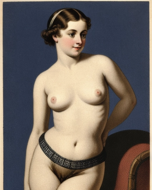 a naughty french postcard circa 1890 depicting a lovely young woman, mise en scene, casual nudity hirsute <lora:dpmg_better_bodies:.3>, chaise lounge, oval vignette halftone screen, offset lithography coarse screen photographic process color duotone blue halftone over black with moire caused by rescreening a halftone, realistic, staging inspired by dutch masters illuminism interplay of light