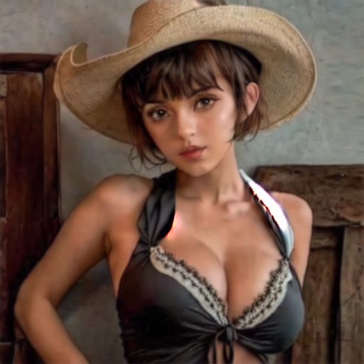 Hyper realistic, emma watson,((accurate face)), ((accurate face)), show full body, ((dressed as a cowgirl)), sexy pose, (large breasts),black hair, (((very short hairstyle, bangs, pixie cut))), beautiful face,beautiful lips, flat chest, curvy ass, daisy dukes
