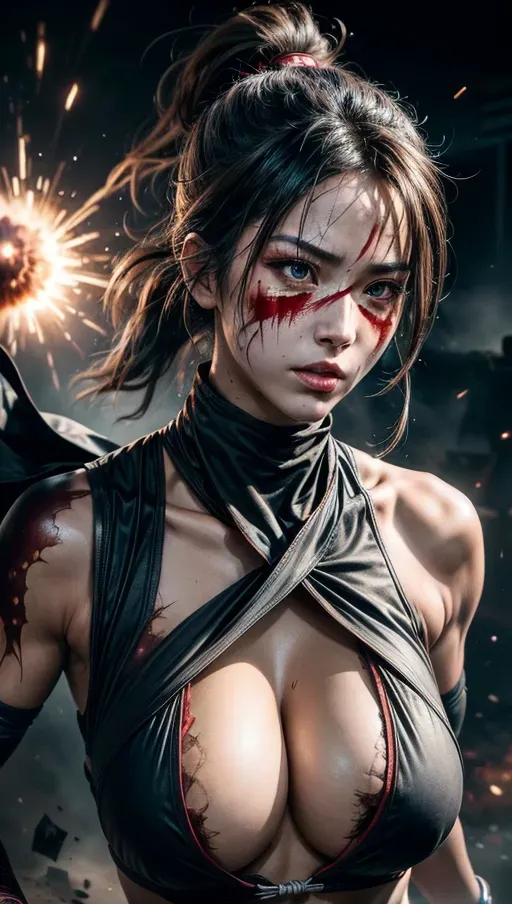 A digital photograph of, professional photograph, a beautiful kunoichi is jumping out of an exploding building, ((wearing a torn ninja suit covering her breast)), (masked mouth), bleeding bruises, (burnt face), (((chest covered))), highly detailed eyes, perfect eyes, ((furious look)), beautiful face, highly detailed face, beautiful lips, perfect lips, (((huge explosion in background))), kunais flying towards the camera, action scene, <lora:dpmg_add_detail:1.2>, five fingers per hand, cinematic composition, UHD, HDR, highest quality, highest resolution, (photorealist:1.2), (photorealism:1.2), (masterpiece:1.4)