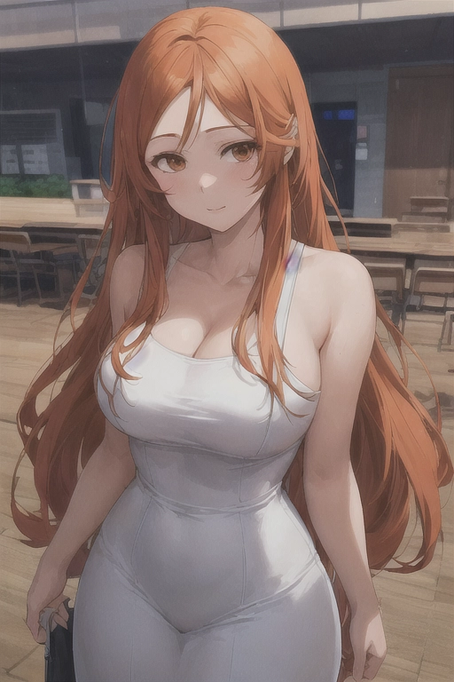 Orihime is a women of average height. She has brown eyes and long, waist-length, burnt orange hair. Her most noticeable physical trait is her slender yet curvaceous figure for a teenager, especially in terms of her large breasts. She wears her hair in bangs tucked behind her ears with hairpins. school clothes