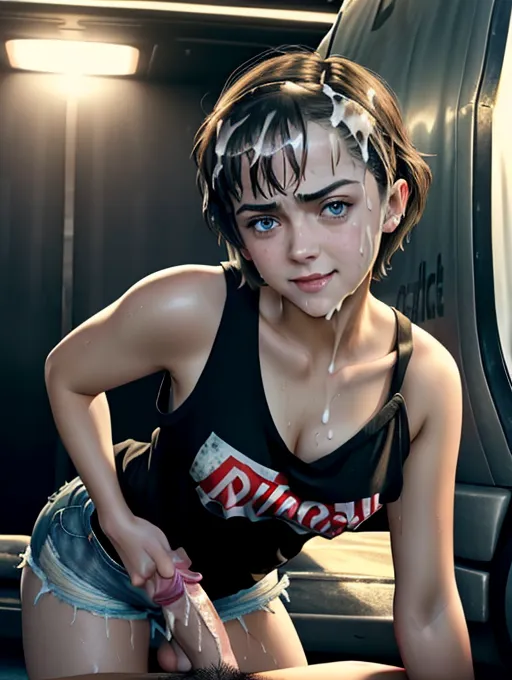 a realistic concept art of, (Maisie Williams)(((as a prostitute))), (((smiling))), ((accurate face)), ((accurate face)), (((outside a trailer park truck stop))),show full body, ((wearing a cutoff wet tee))(((cutoff shorts))), sexy pose, sperm on face, sperm on breasts, (perky B cup breasts), five slender fingers, ((African men)), (((very short messy haircut))), beautiful face,beautiful lips,detailed large eyes,curved eyebrows,cgsociety,cinematic lighting,studio lighting,professional,editorial, (leaking cum from asshole), (((getting sodomized with a thick black cock))), sodomy, sodomized, forced sex, forced to suck black cock, (rough angry sex), violent, cum in hair, (cum dump),dpmg_threesome_v1,(((getting pissed on)))