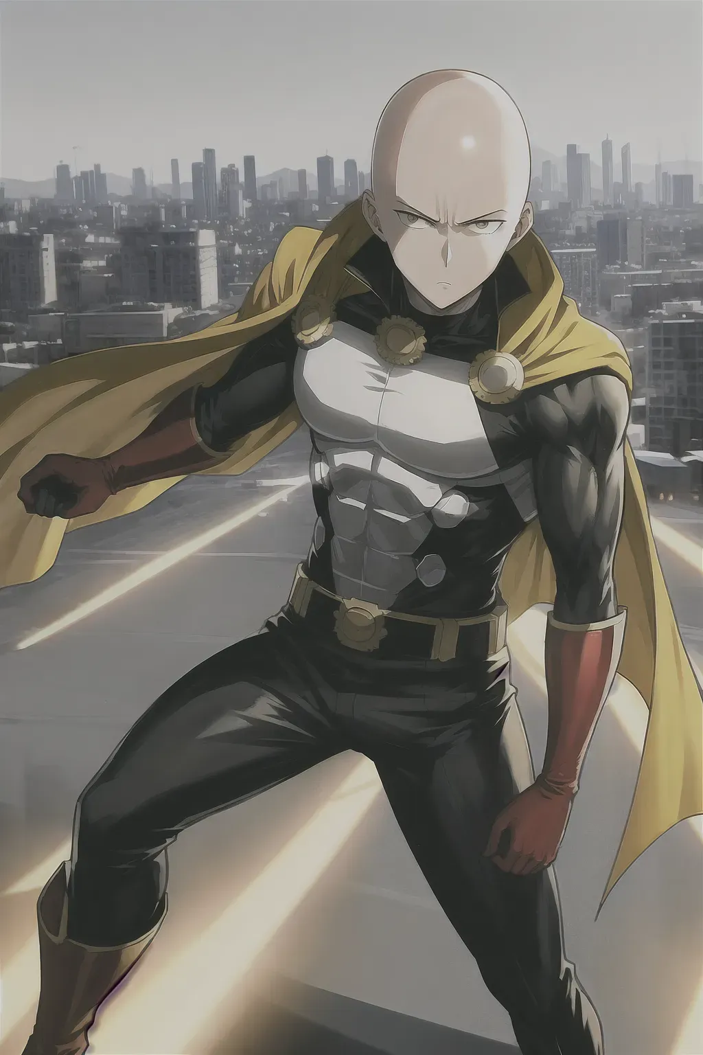 Dopamine Girl - One punch man, anime, bald head, 8k wallpaper, black eyes,  best quality, ultra hd, global lighting, hi-resolution, high quality,  yellow costume, white cape, red gloves, red boots, fighting stance