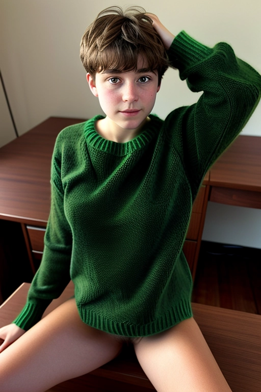 Natural light, Dark, dawn, dimly lit, flat background,
20 years old, 1960s college sophomore, pear shape body, the hips are wider than the bust, brown hair cut in a bob, short neck, round face, messy hair, normal sized eyes,
(((green sweater))),
Shot from above,
Laying back on large desk, arms behind head, looking Sleepy, looking uncertain, not looking at camera, blushing, (((legs spread, legs in the air))), pussy visible, pussy mound, (subtle vaginal nudity)