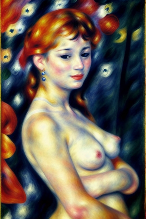 ((((Erotic abstract art by Renoir )))), ((full color)), extreme closeup pov navel, sniffing a black rose, gorgeous young nude redhead woman, completely naked, beautiful face, (sexually aroused smile), ((alluring smile)), (((seductive expression))),((((flirting)))), in a rose garden full of black roses,