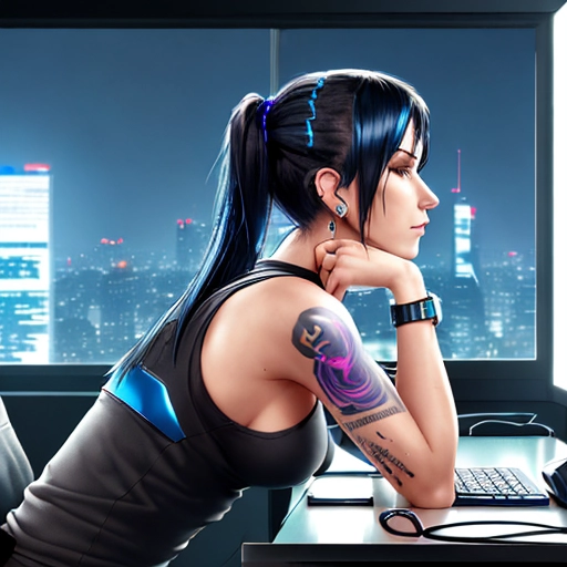 Medium shot, side profile, of a highly detailed beautiful, thin Cyber punk female with blue black hair, her hair is hanging down on the backside of her face, sitting in front of a computer monitor leaning forward on her arms, looking focused, at a desk with a tank top on showing cleavage and tattoo sleeves on her arms and a small line tattoo on her cheek. Dark background with a cyberpunk city skyline at night in the window and a blueprint on the wall, she has a bracelet on her wrist and is wearing earrings on her ears
