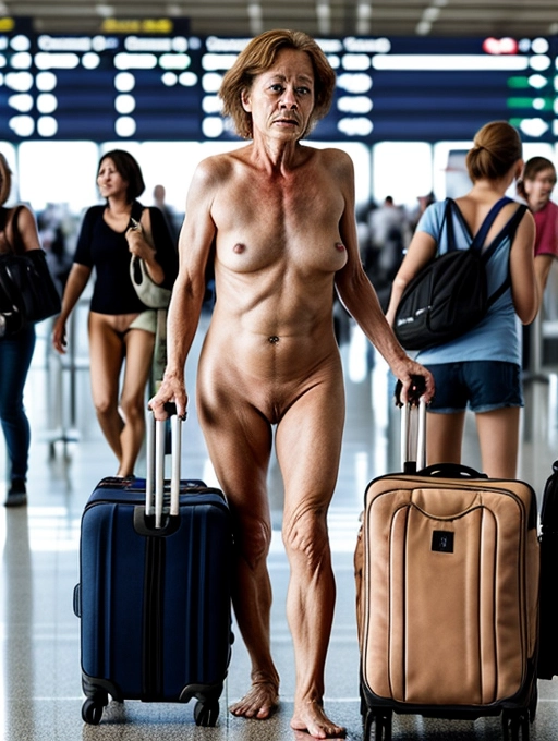 a naked middle aged lady, realistic face, is having sex in public with her girlfriend in a crowded airport