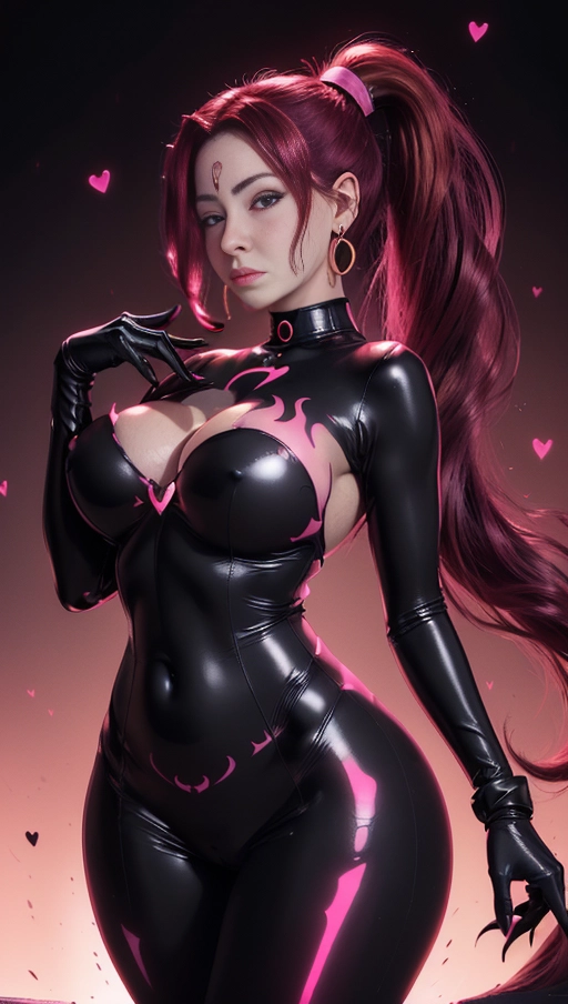 best quality, (((ultra high res))), (((detailed face and eyes))), (perfect face), (big shining heart choker), earrings, jewelry, (((big glowing succubus mark))), ((((big glowing succubus bodymark)))), (conjuring), witch, ((very long voluminous hair)), (((black gloves))), (((burgundy red hair))), (((symbiote goo hair))), (((golden bracelet))), (((huge golden hair cuff))), (((black skintight neckholder))), ((face closeup)), lipstick, (((((black demon tail))))), ((black long sleeves)), ((pink glowing heart)), (((demon mark))), heart on womb, ((((bright pink glowing skin tone)))), (((straight burgundy red hair))), ((pink glowing clothes)), ((pink luminescent)), ((((pink luminescent skin tone)))), (((pink skin))), (((huge cameltoe))), ((((symbiote goo everywhere)))), (((symbiote girl))), ((((symbiote goo suit)))), ((goo tail)), ((((single ponytail)))), (((lies in hell)))