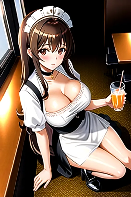 brown hair, brown eyes, giant breasts, white maid uniform, miniskirt, choker, long hair, high heels, in bar, slim body, looking at viewer, 1 girl, cleavage, 4k, serving drink