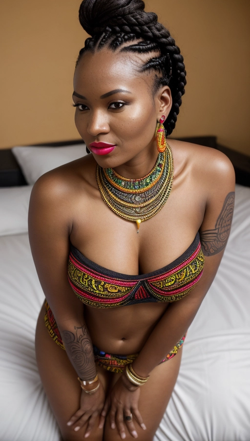 Ethnic group- Kikuyu,
Age- 24,
Nationality- Kenyan,
Skin type- dark, glowing,
Hair color- jet black, Hair style- long, braided with vibrant beads,
Face- heart-shaped, Eyes- large, brown, with a piercing gaze, Mouth- full, with a subtle smile, Nose- elegantly sculpted,
Clothing style- modern African print dress, form-fitting, with bold, geometric patterns,
Location- Nairobis vibrant art district,
Body position- standing, leaning slightly forward, Pose- hands on hips, confidence emanating from her stance,
Emotional expression- fierce determination mixed with a hint of playful curiosity,
Accessories- chunky, colorful necklaces and matching earrings, a wide, ornate bracelet,
Make up- bold, with emphasis on her eyes and a bright lipstick,
Tattoos- a small, intricate tribal design on her right shoulder blade,
Camera angle- slightly below eye level, to enhance her dominant stance,
Lighting- natural, late afternoon sun creating a warm glow on her skin, with a reflector to highlight her face,
Resolution- high, capturing every detail vividly,
Camera type- DSLR, Canon EOS 5D Mark IV,
Camera settings- aperture f2.8, shutter speed 1-200 sec, ISO 100,
Focus- sharp on her eyes, with a slight blur on the background to keep the attention on her,(((( in bed)))), (((lying)))