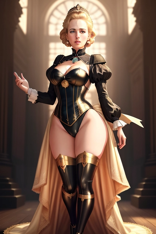 an illustration of, a young Margaret Thatcher as an Empress, ((blonde hair)), ((full body and thighs visible)), by Pixar, revealing leotard-style costume, in a steampunk city, small breasts, five fingers per hand, charming face, beautiful lips, short blonde hair, accurate face, curved eyebrows, curved eyelid, peaceful, 8k, smooth, art station,ultra-realistic