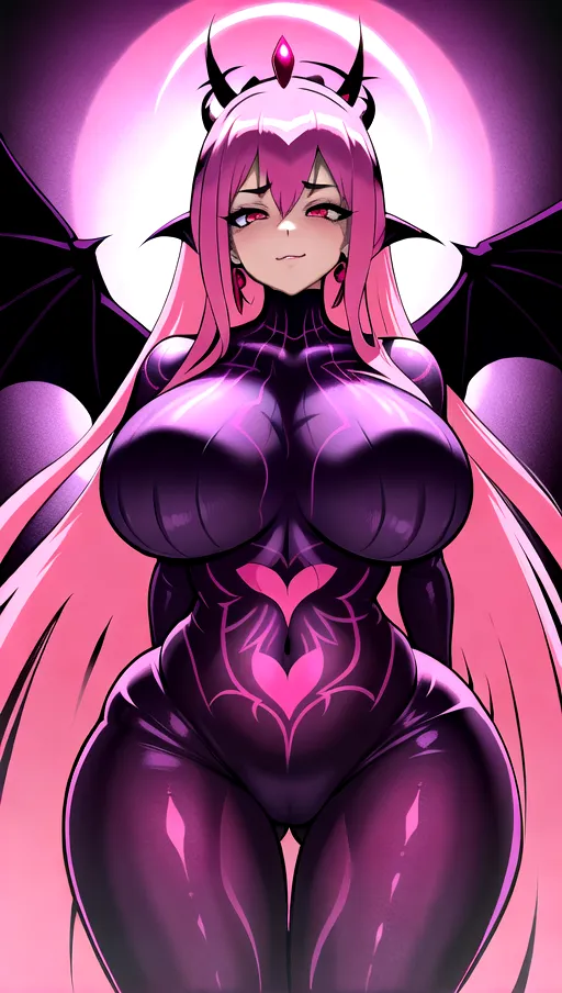 best quality, ultra high res, detailed face and eyes, perfect face, big shining heart choker, earrings, jewelry, very long voluminous hair, (pink glowing hair:1.2), lipstick, purple long sleeves, purple glowing heart, demon mark, straight hair, (huge boobs:1.3), red demon horns, very very long hair, perfect face and eyes, straight hair, sexy succubus girl, pink glowing eyes, (red demon wings:1.4), big glowing cameltoe, (purple corrupted symbiote suit:1.5), dark background, (pink glowing demon diadem:1.4), (dark spiked crown:1.2), (thick red succubus tail:1.3), demon tail, (pink glowing heart pasties:1.2), standing straight, shiny leather, purple leather skin, purple skin