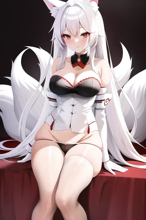 A cute anime girl with red eyes, white hair, 9 white fox tails and white fox ears masturbating on a chair with her panties and bra off