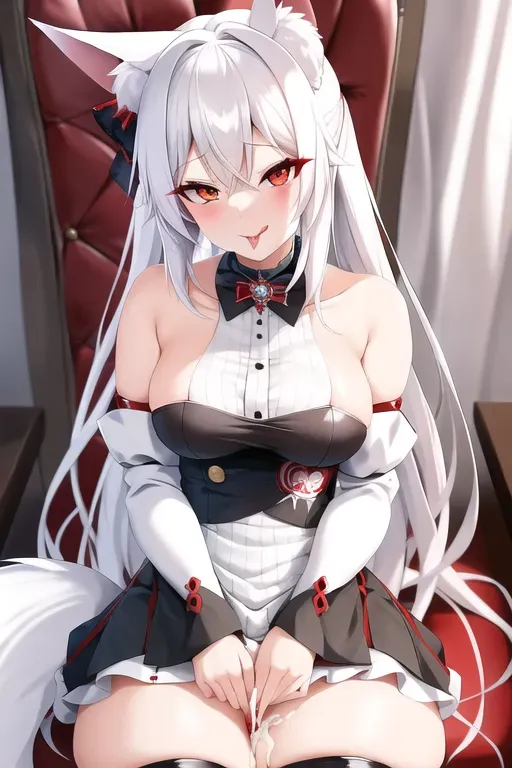 A cute anime girl with red eyes, white hair, 9 white fox tails and white fox ears masturbating on a chair with her panties off and showing her tongue out full of cum