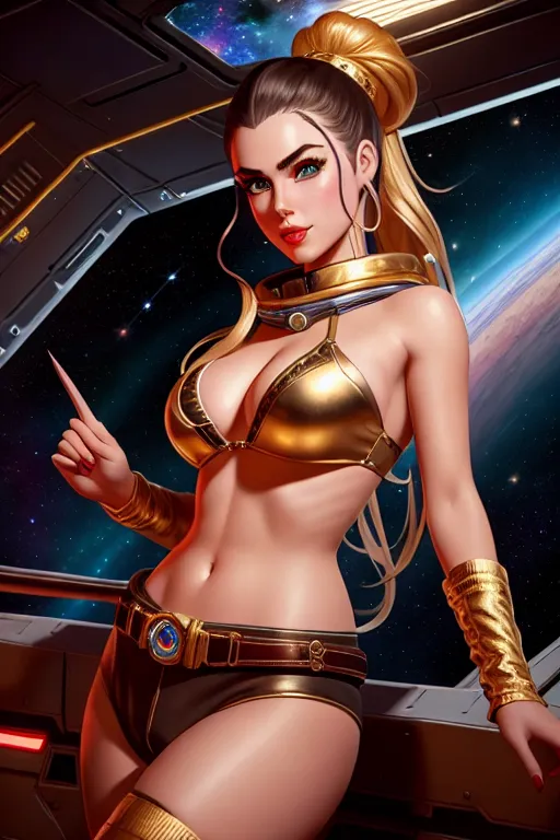 a oil painting of,a canadian girl,wearing cowboy clothes,doing sexy pose,in the space station,five slender fingers,fishtail hair,charming face,beautiful lips,detailed large eyes,curved eyebrows,erotic,wearing golden ring,surreal,cgsociety,artstation,unreal engine,studio lighting