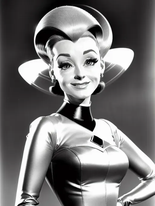 A highly realistic photo shot, a gorgeous young woman, (((Judy Jetson))), ((detailed hair features)), face in shot, Full length shot, Sharp focus