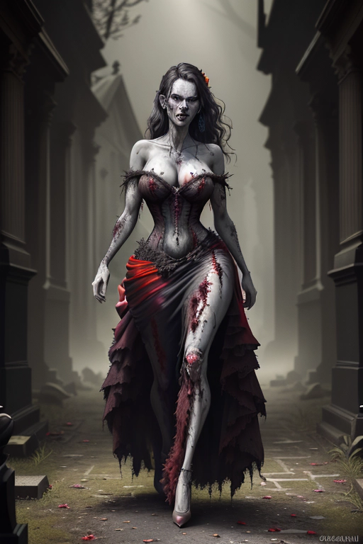 Rotting Decaying zombie,walking through graveyard,full body,ripped red ball gown,big breasts,cleveage, hairy pussy, colorful lighting, perfect body, realistic detail, professional, realistic, photorealistic, highly detailed, detailed, Ray tracing, realistic skin texture, artistic photo, colorful, soft contrasting colors, looking at camera, artistic photo, mist, whole body in frame, ((extremely detailed)), masterpiece, photorealistic, (((best quality))), perfect contrast, ((ultrasharp)), (((extremely detailed portrait))), natural colors, natural lighting, ((sharpened picture)), vivid contrast,full body