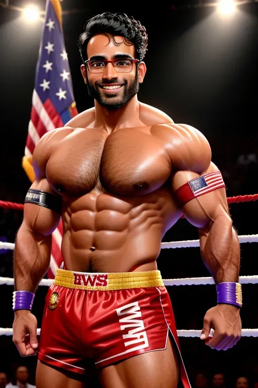 presidential candidate vivek ramaswamy as a body builder, smiling, glasses, jumping off of the ropes, 8k resolution, (highly defined face), face clearly defined, accurate face, detailed face, high quality, ultra high resolution, 4k, in focus, wrestlemania, wwe, hulk hogan,