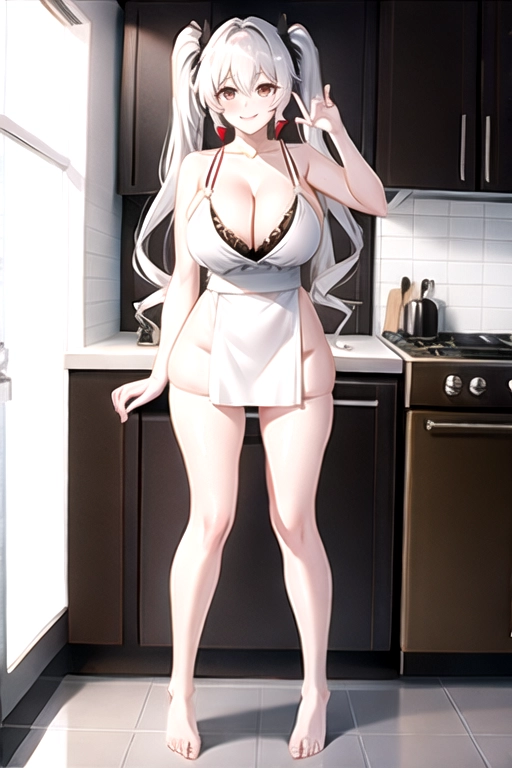8k quality, brown eyes, pale white skin, white hair, giant breasts, cleavage, looking at viewer, pov, long hair, wavy hair, full body photo, completely naked, standing in kitchen, smiling, pigtails