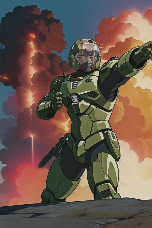 ghibli style, ((masterpiece)), master chief, male, best quality, in a battlefield, explosions in the background, fighting, <lora:dpmg_ghibli_style:0.92>