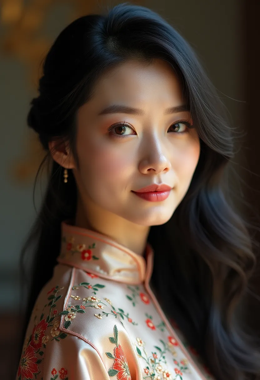 A beautiful Chinese woman with graceful features, close-up portrait, long flowing black hair, wearing a traditional silk cheongsam delicately embroidered with floral patterns, face softly illuminated by ambient light, serene expression