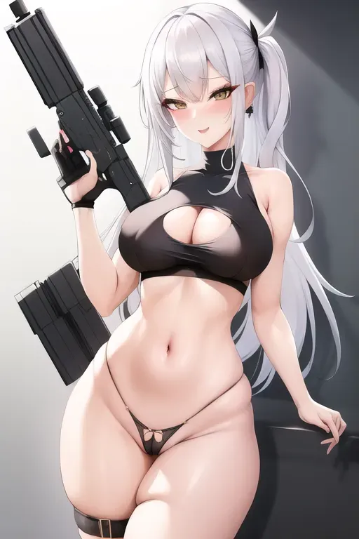 sexy girl, pretty face and body, uwu, white hair, girl, happy, cute face, wear in crop top (small boobs), wear thong, gun in hand