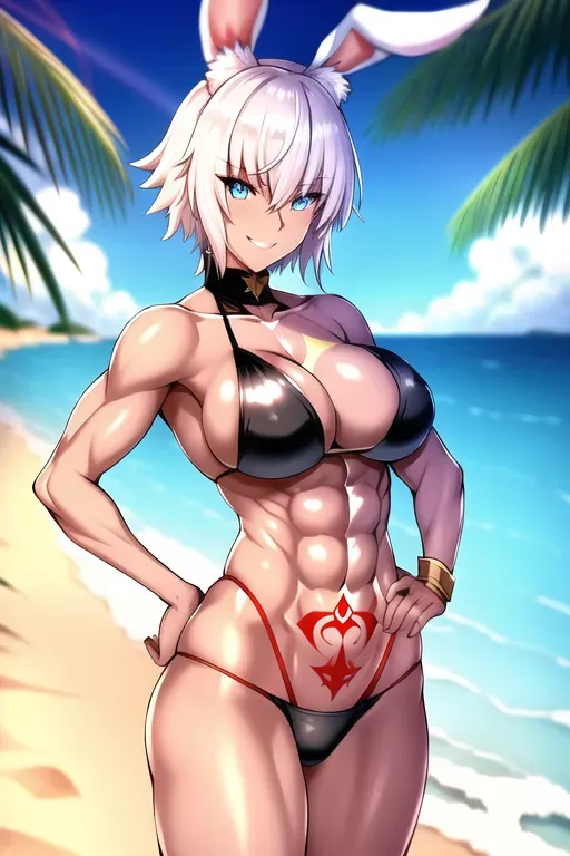 Fate Grand Order, Caenis, white short hair, real white bunny ears, blue eyes, tanned skin, red tattoos, high quality, detailed, serious, beach background, sunny day, black bikini, warrior, fighter, rebel, shemale, seductive smile, abs, good drawing, best quality