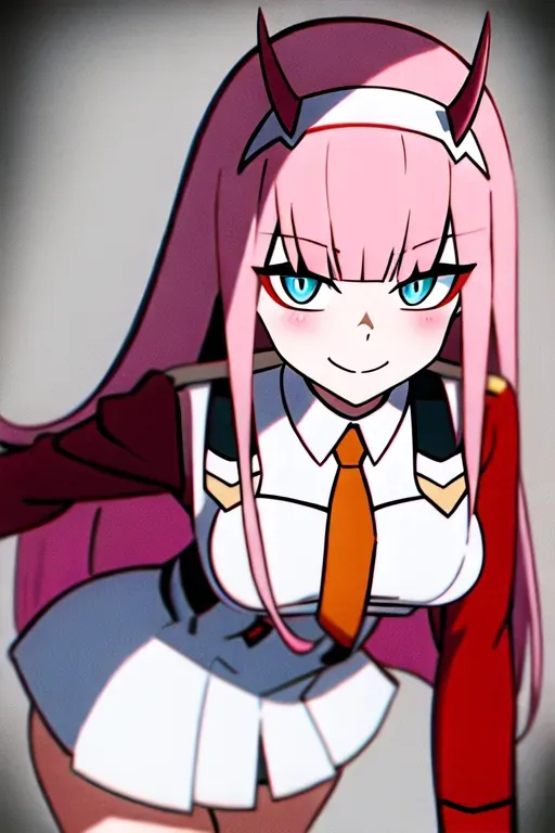 zero two (darling in the franxx), darling in the franxx, 1girl, aqua eyes, arms behind back, bangs, blunt bangs, breasts, closed mouth, cowboy shot, hairband, horns, leaning forward, long hair, looking at viewer, medium breasts, military, military uniform, necktie, oni horns, orange necktie, pink hair, red horns, smile, solo, standing, straight-on, uniform, white background, white hairband, <lora:dpmg_zerotwo:1>