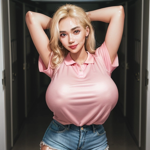 full-body photo portrait, 1983 setting, beautiful smiling young woman age 21, arms up behind her head, blonde feathered hair, (((extremely huge gigantic breasts))), very thin tight pink polo shirt, tight shorts, high school hallway lockers, day, rim light, 8K quality, pendulous heavy tits, pokies, gorgeous face, incredible detail, shallow depth of field, sharp focus, detailed eyes, mascara, full glossy lips, shiny textured skin, sweat sheen
