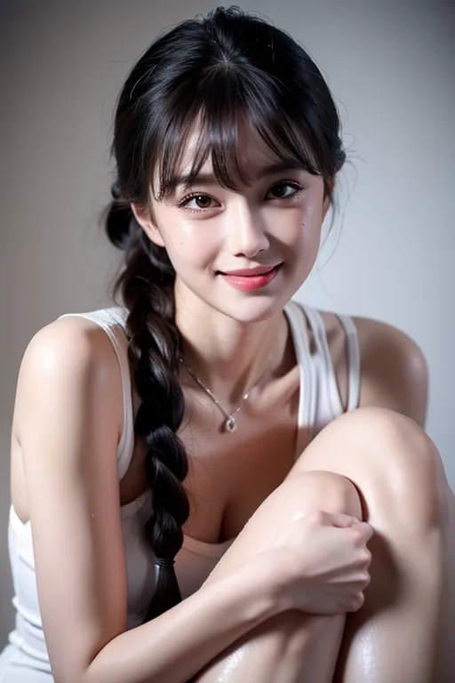 (best quality:2.0), (masterpiece:1.4), high resolution, (photo realistic:1.9), Korean sexy super model, perfect face propotion, nsfw, (thick sports shoes:1.2), navyblue sports wear, knee socks, thick eyebrow, (marble face:1.2), long neck, small lips, large hair band, full bangs, pony tail, ultra large sparkring brown eyes, double eyelids, cheek blush, round cheek, sexy posture, muscular long legs, cleavage, luxury chair, (shiny sweaty ultra pale skin:1.5), big coy smile, beautiful constriction, broad forehead, ultra detailed fabric, detailed skin, dropping eyes, luxury tile poolside,