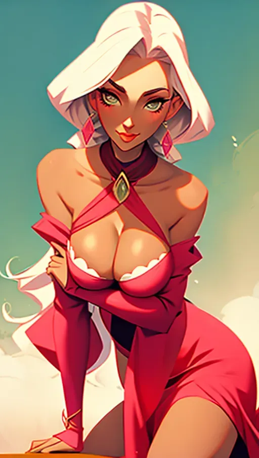 A tall woman laying her large breasts on the left and right shoulders of a different woman in front of her, pulling out one breast or one nipple with her hand, five slender fingers, highres
