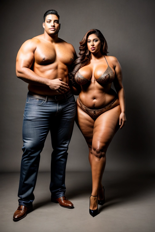 A professional studio photograph of a voluptuous female latina model and a very tall slender and muscular male model
<lora:dpmg_add_detail:1>