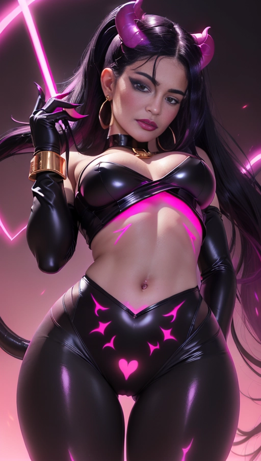 best quality, (((ultra high res))), (((detailed face and eyes))), (perfect face), (big shining heart choker), earrings, jewelry, (((big glowing succubus mark))), ((((big glowing succubus bodymark)))), (conjuring), witch, ((very long voluminous hair)), (((black gloves))), (((black hair))), (((single black ponytail))), (((golden bracelet))), (((huge golden hair cuff))), (((black skintight neckholder))), ((face closeup)), lipstick, (((((black demon tail))))), ((black long sleeves)), ((purple glowing heart)), (((big cameltoe))), (((demon mark))), heart on womb, (((((bright pink glowing skin tone))))), (((straight black hair))), ((pink glowing clothes)), ((pink luminescent)), ((((pink luminescent skin tone)))), (((pink skin))), (((Kylie Jenner))), (((from below)))