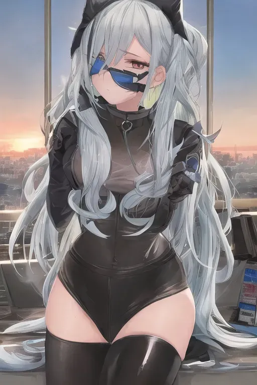 illustration, 20 year old, an anime girl, athletic, goth clothes, blue, photo studio, sunset, studio light, surprised, 8k, professional