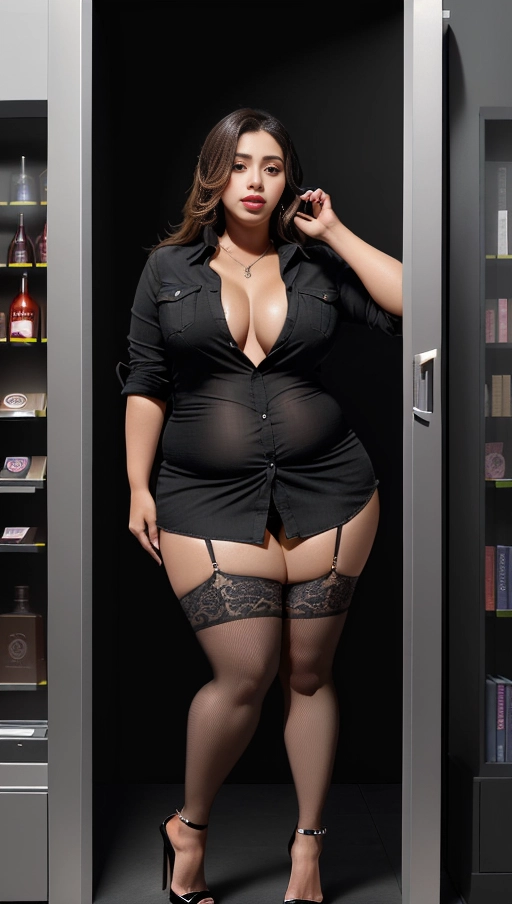 She wears a revealing button-up showcasing her voluminous natural breasts and opts for nothing underneath, accessorized with a pair of stilettos, Converted into a lifelike android, she stands encased in a hard plastic casing like an exhibit piece, Latin, Her appearance reflects her transformation from human to machine - she seems unaware or unable to respond due to her current state of preservation, Despite carrying some extra pounds she manages to retain an attractive figure, She has been transformed into a meticulously crafted android, resembling a fresh new toy, Wearing a button-down top that highlights her ample natural breasts and pairs them with nothing beneath, she finishes off her ensemble with a pair of stilettos, The Latina beauty is encapsulated inside a brightly colored plastic casing, almost as if it were meant to entice potential buyers, Her expression remains serious yet focused on her new artificial existence, Despite carrying extra weight, she continues to exude an irresistible charm trapped within the confines of her futuristic prison cell, The image portrays her entire form confined within the playful yet restrictive packaging of her display case, (((full body view, full body photo)))), ((full body view)), ((natural big breasts)), (((overweight))), (((hyperrealistic))),
Masterpiece,
perfect edges,
ultra realistic,
perfect anatomy,
realistic skin texture