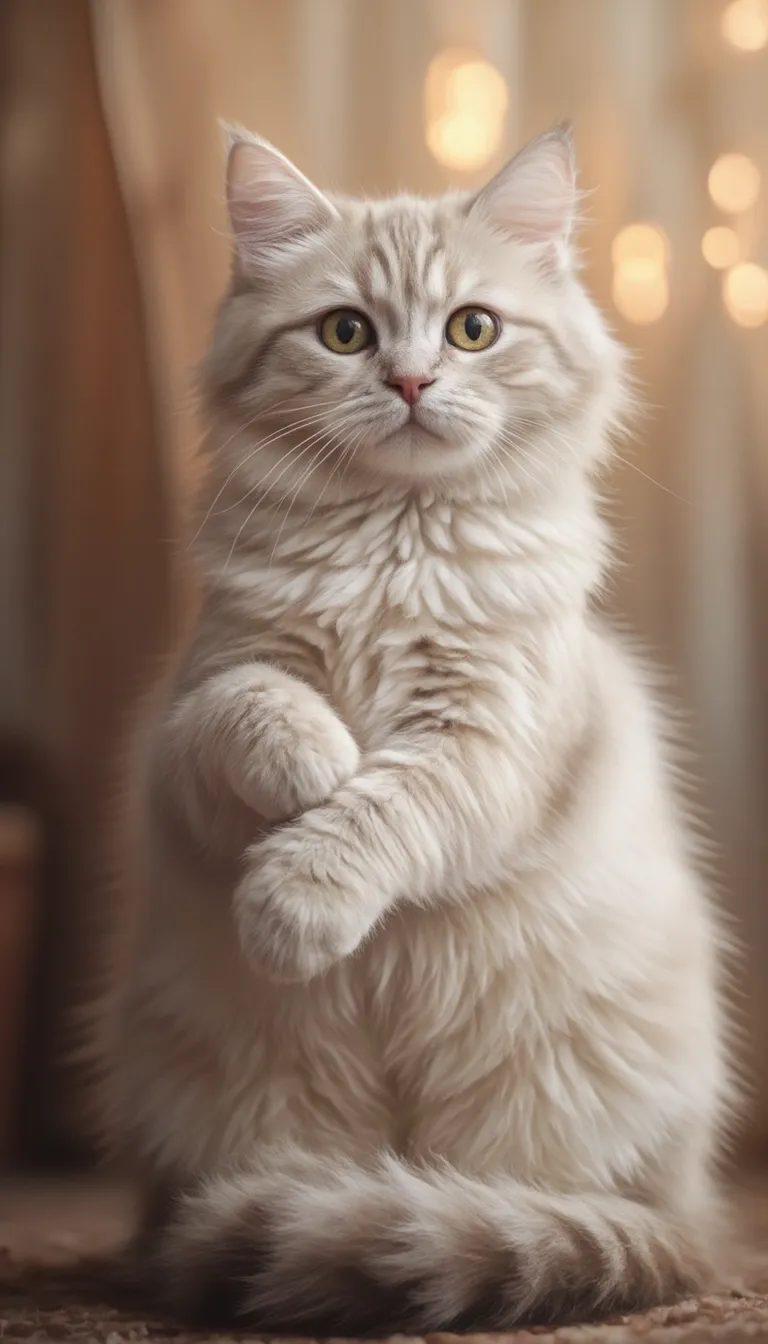 A cute cat sitting gracefully, with big expressive eyes and a fluffy tail curled around its paws. The background is softly blurred, featuring a cozy indoor setting with warm lighting. The cat has a playful expression, with its ears perked up and a slight tilt to its head. The fur is detailed, showing subtle variations in color and texture. The composition follows a 9:16 aspect ratio, perfect for a portrait-oriented image, with the cat centered to draw focus. The style is realistic with a touch of whimsy, enhancing the cat's adorable features.