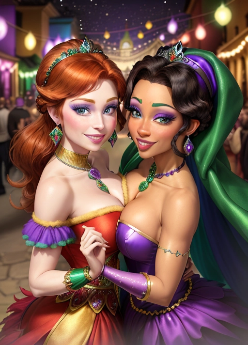 Beautiful auburn haired big bright blue eyed sweet warm excited adult Anna of Arendelle in an elegant festive dress, mask and plentiful Mardi Gras beads with her new friend Princess Tiana, a beautiful 19-year-old with African-American heritage, medium-length black hair tied in a low ponytail, hazel eyes, and a bright smile. Both living it up at the excitement of Mardi Gras wearing masks and beads galore in purple, gold and green. Photorealsitic.