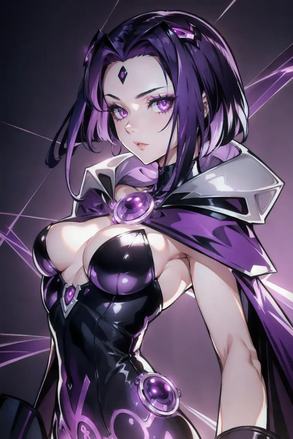 Raven DC, purple hair, purple eyes, global lighting, medium breasts, ((masterpiece)), 8k wallpaper, high quality